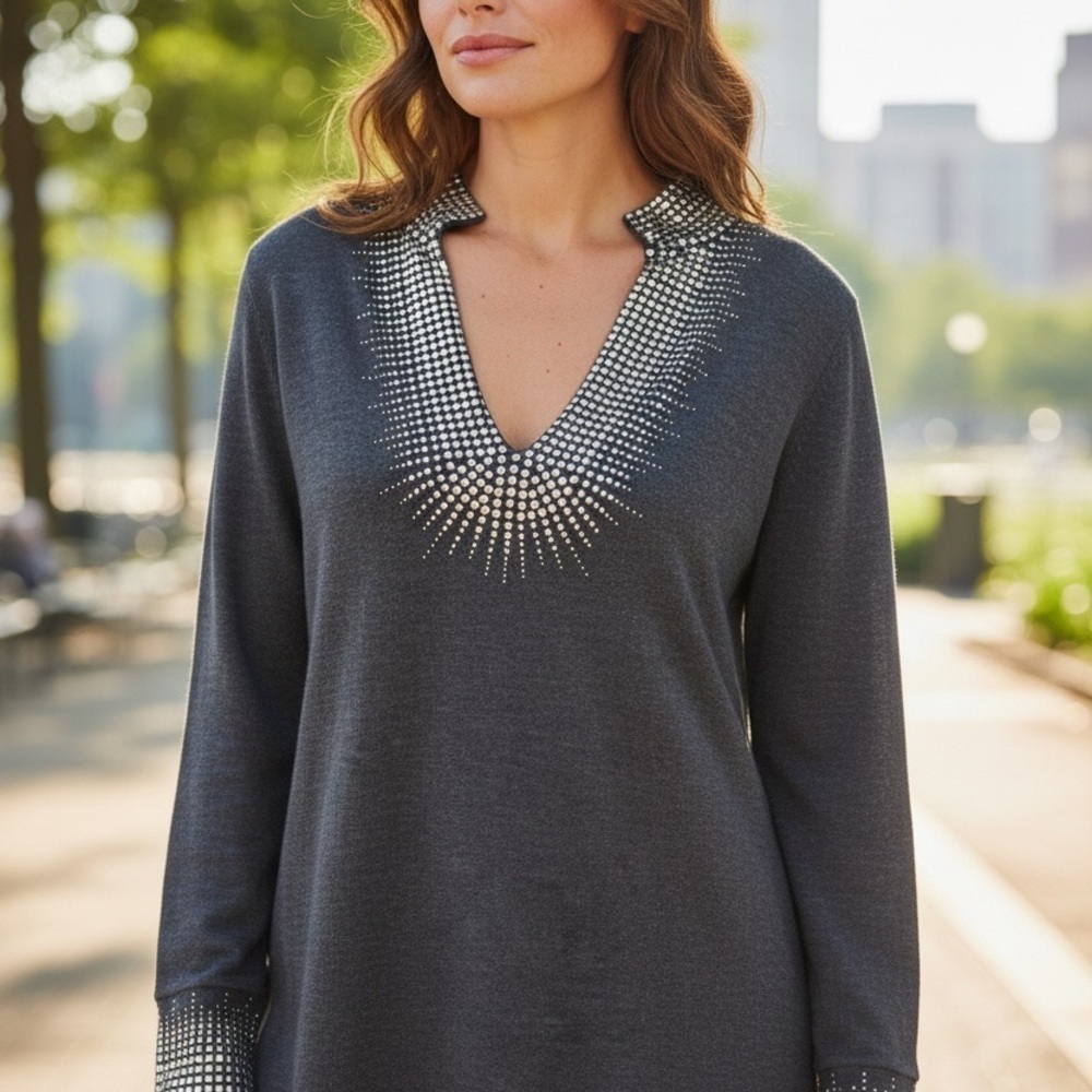 Tory Burch Charcoal V-Neck Tunic with Crystal Accent Size Medium - Picture 2 of 6